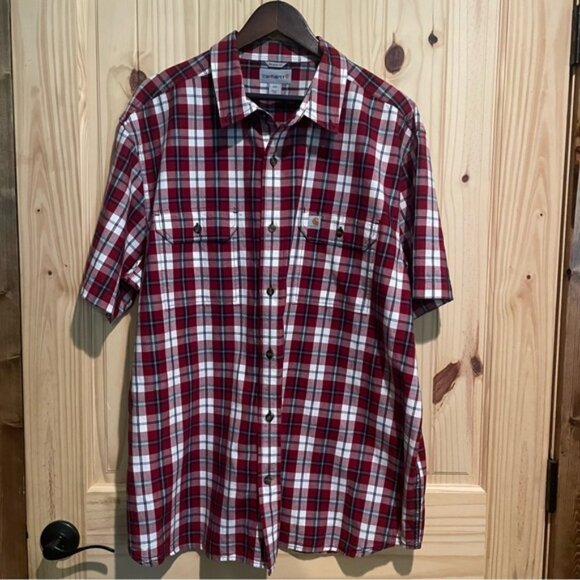Carhartt Men's Red and White Plaid Button Down Short Sleeve Shirt Size 2XL - Picture 1 of 8